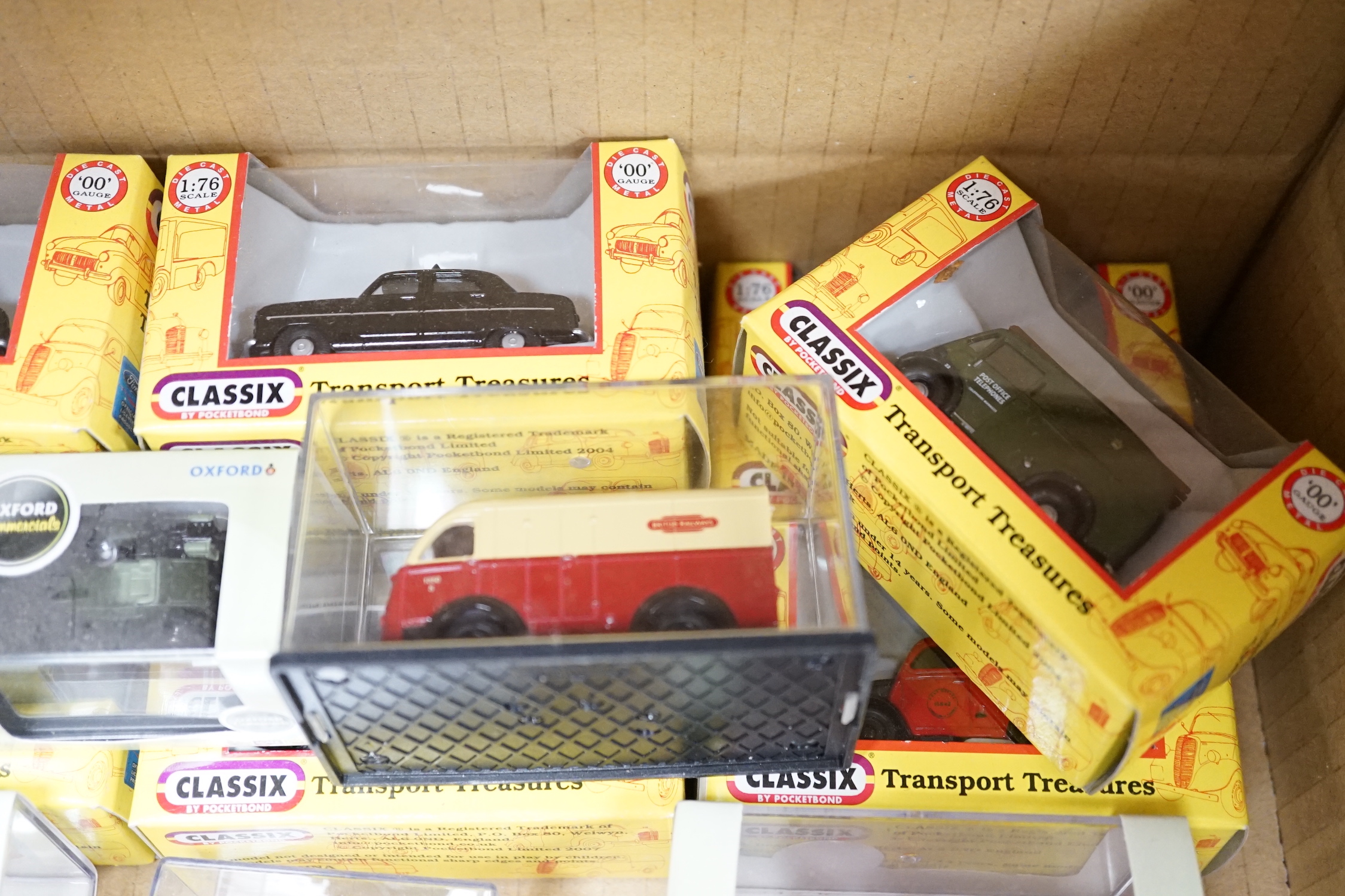 Forty boxed OO and HO gauge 1:76 scale vehicles by Oxford Diecast, Wiking and Classix, including commercial vehicles, cars, farm, vehicles, trailers, etc.